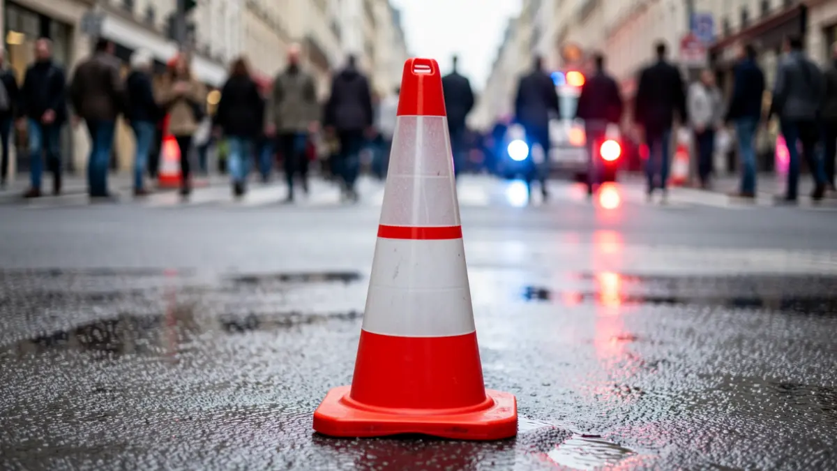 Imatge genèrica d'un con de trànsit en una cruïlla urbana mullada.
