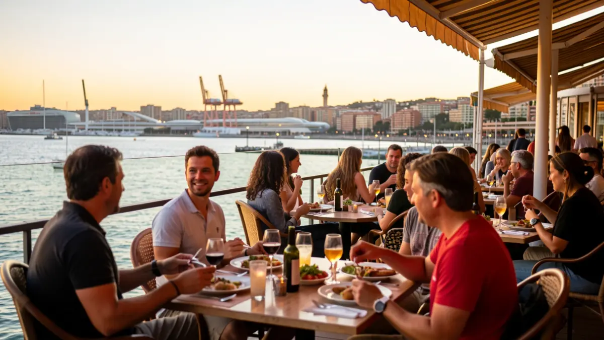 View of the Gastronomic Balcony at Port Olímpic with lively terraces and the sea in the background.