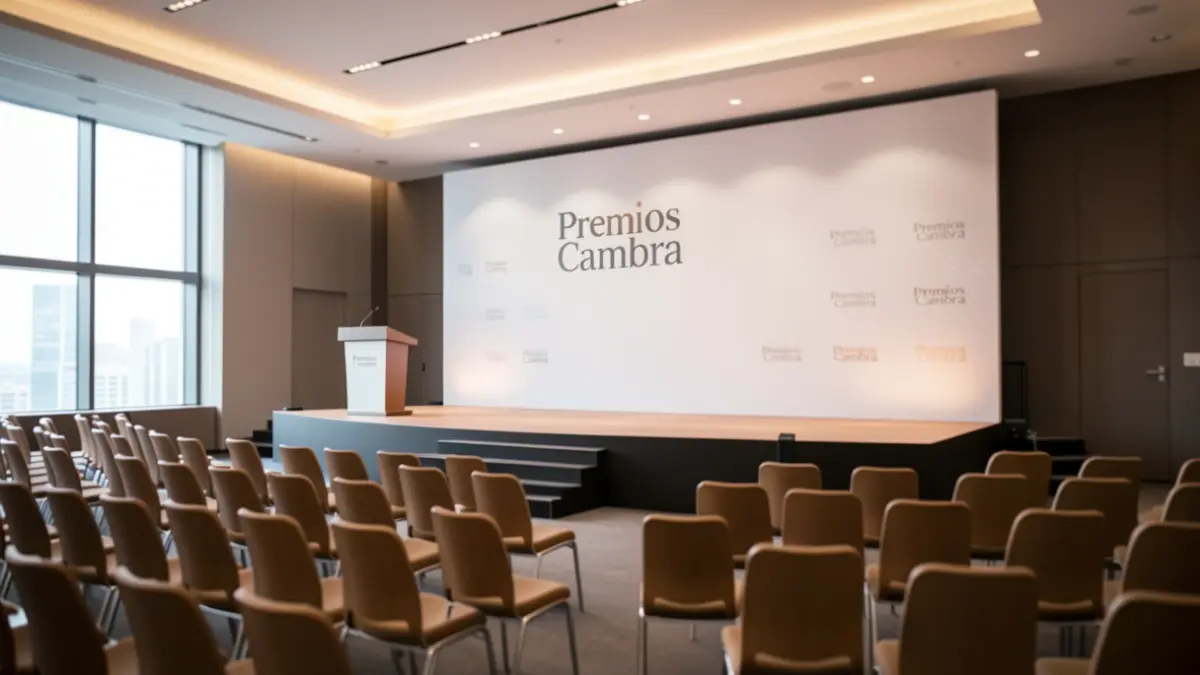 Imagen genérica de un salón de actos con un escenario para una gala empresarial.