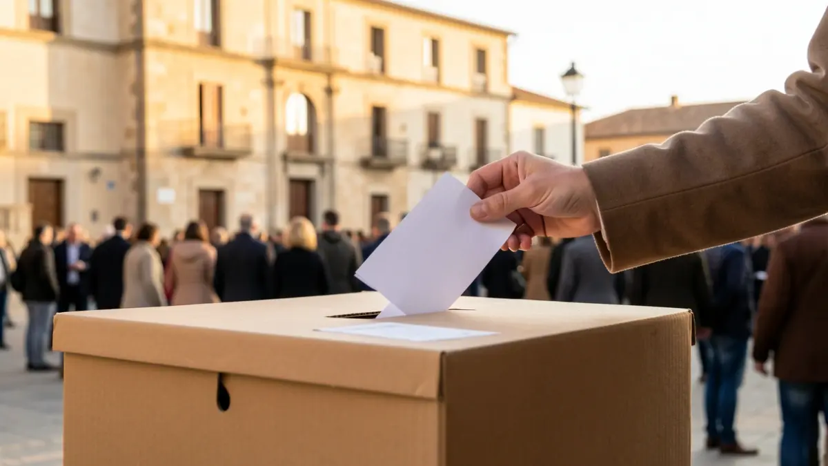 Una urna amb una mà introduint un vot, davant l'Ajuntament del Pla de Santa Maria.
