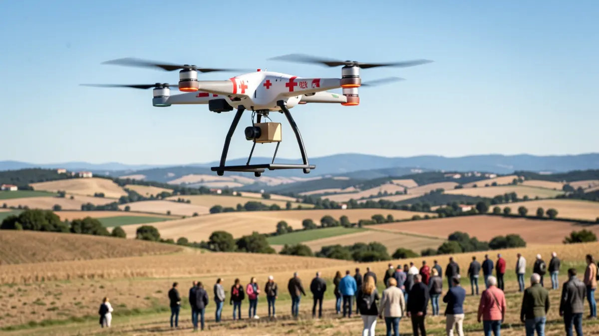 Imatge genèrica d'un dron mèdic sobrevolant un paisatge rural català.