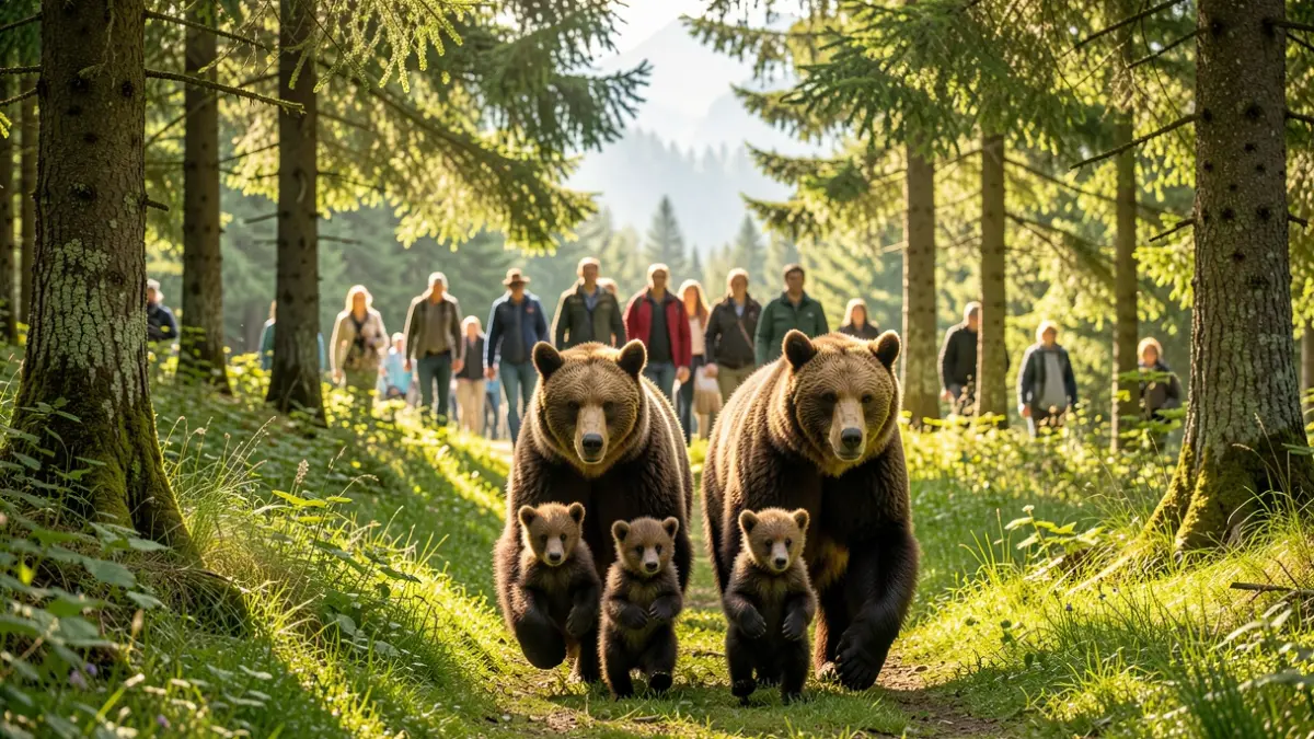 Two mother bears with three cubs each in the Pyrenees.