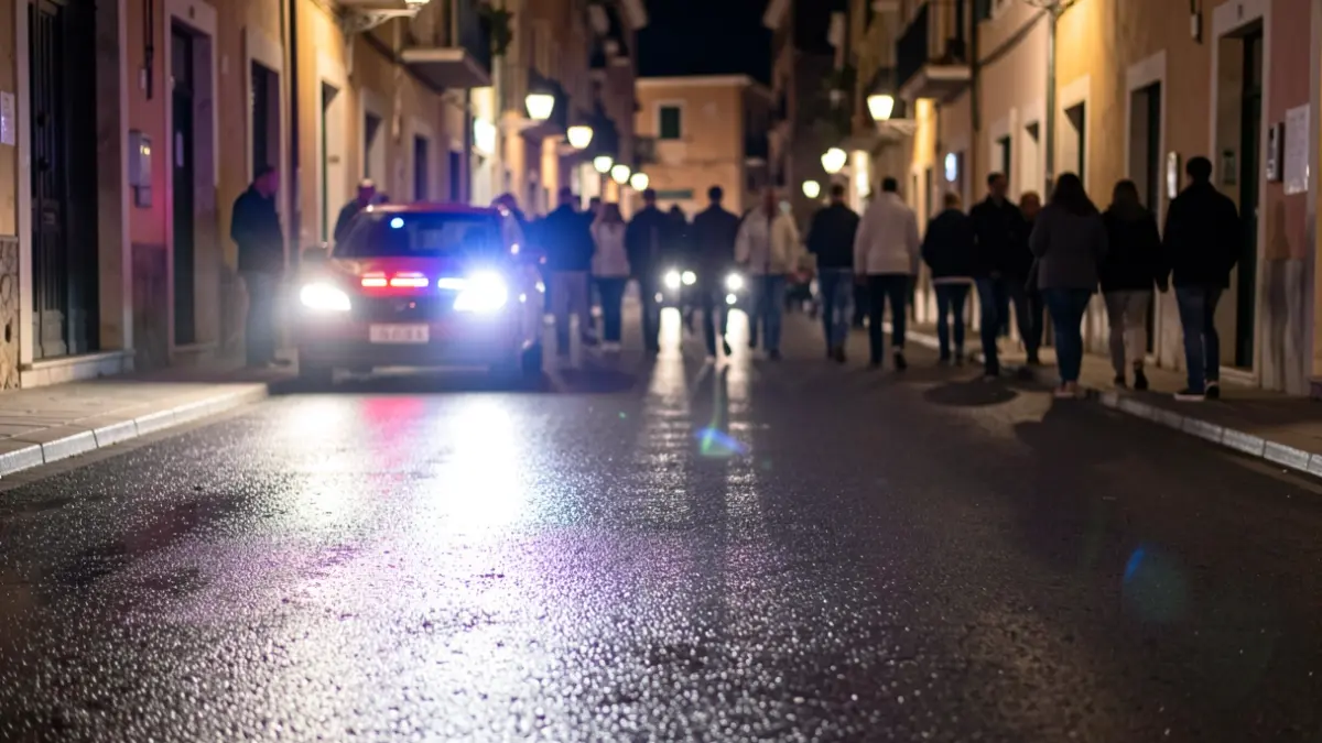 Imatge genèrica de llums d'emergència reflectint-se en asfalt mullat a la nit.