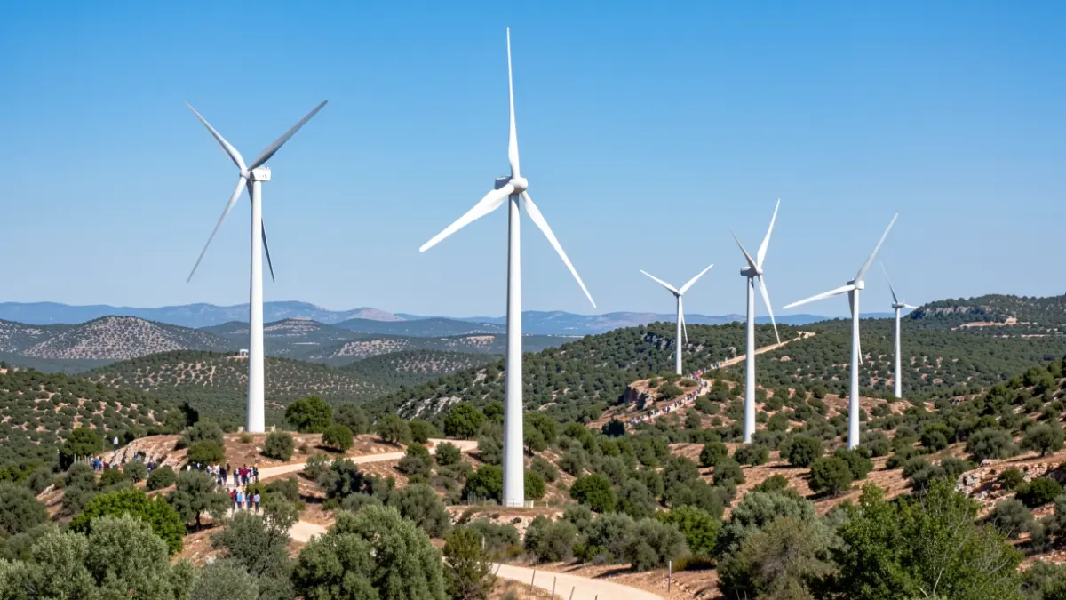 Imatge genèrica de molins d'energia eòlica en un paisatge natural protegit de Catalunya.