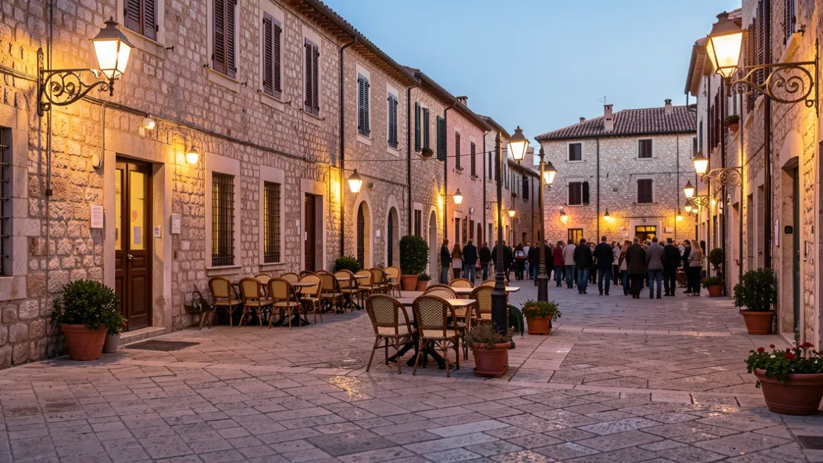 Ambiente festivo en una plaza de pueblo al atardecer con luces cálidas.