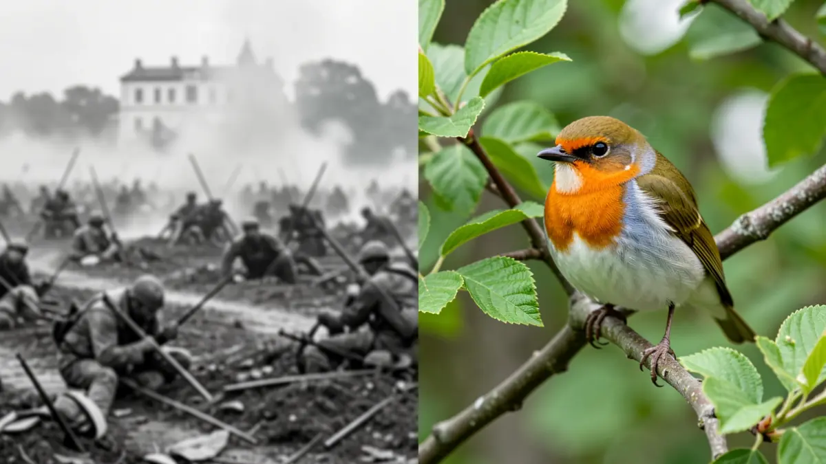 Imatge dividida: meitat batalla històrica (Verdun), meitat ocell (Verdum).