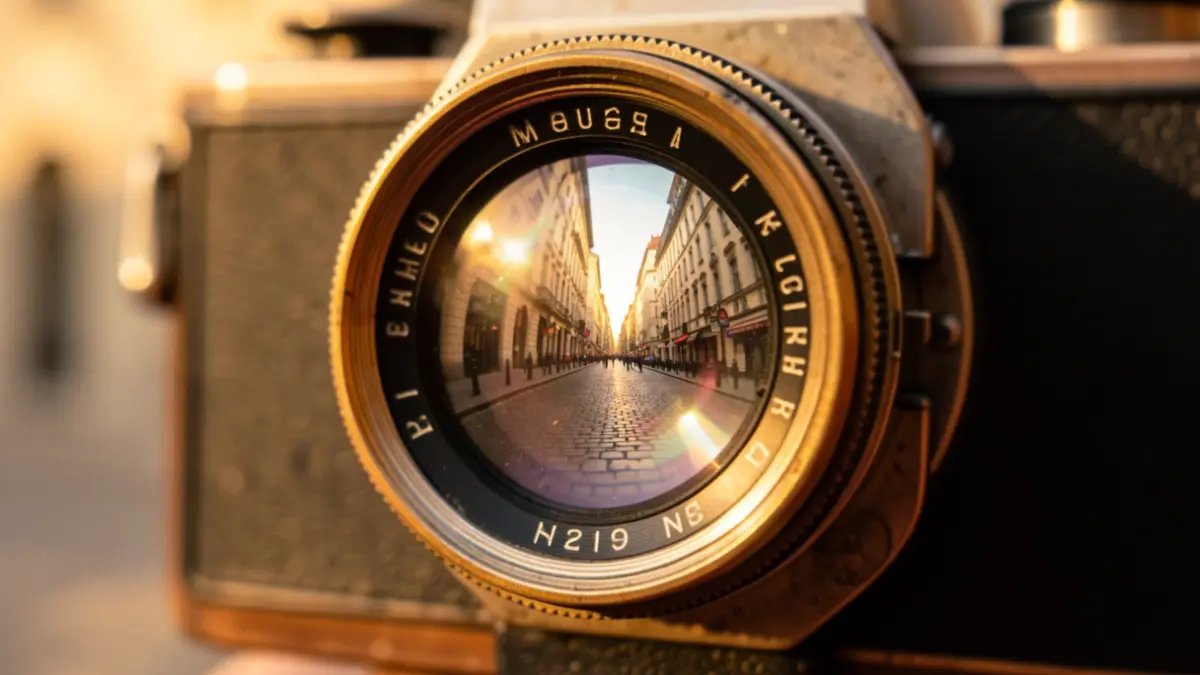 Generic image of an antique camera lens with a blurred urban background.