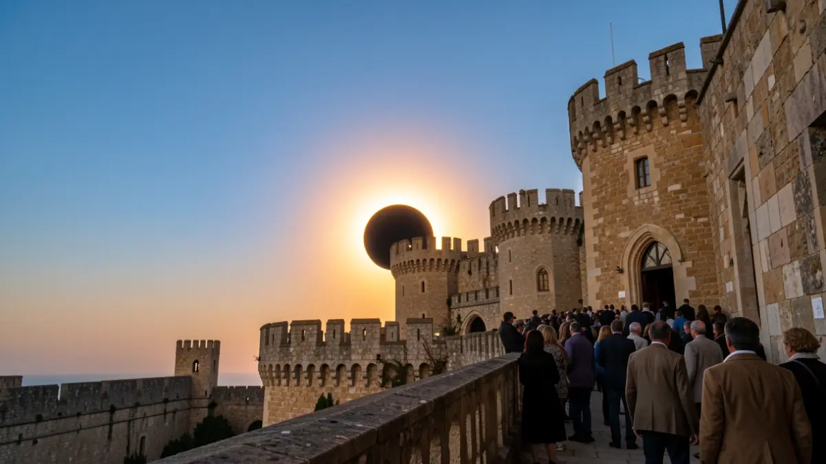 Vista parcial d'un eclipsi solar des d'un balcó de pedra d'un castell històric.