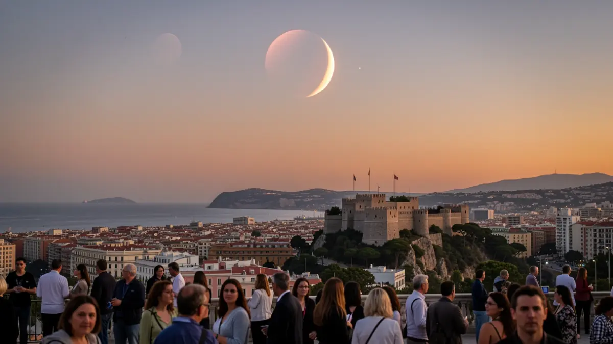 Vista del Castillo de Montjuïc con un eclipse solar parcial en el cielo.