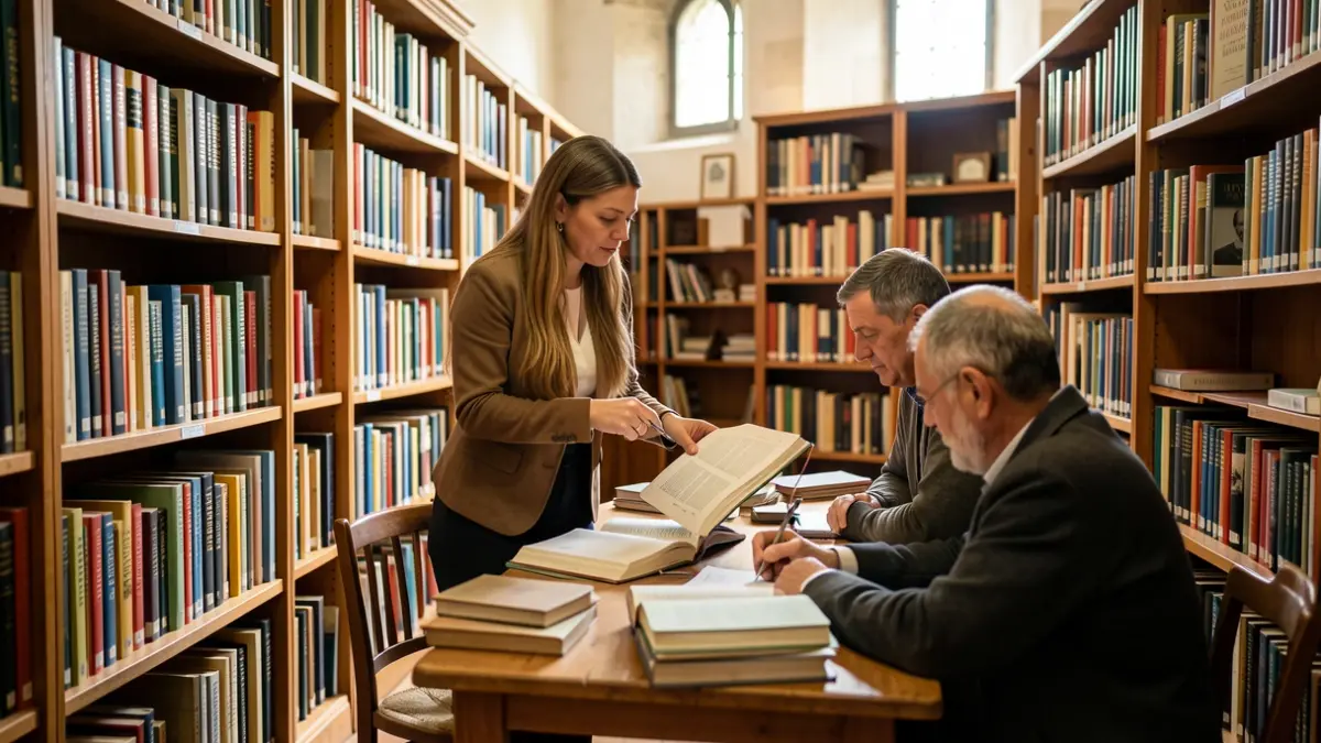 Interior d'una biblioteca de presó amb llibres en català i un bibliotecari ajudant un intern.