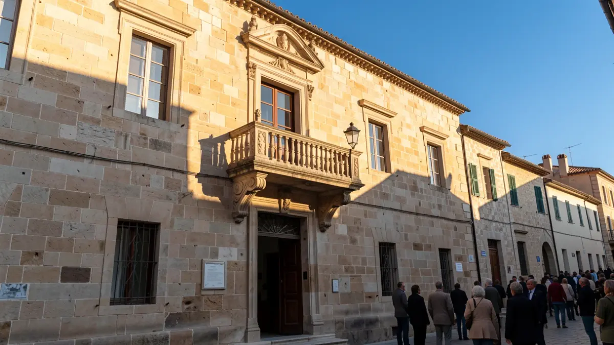 Fachada de piedra de un edificio histórico en Tortosa con luz de tarde.
