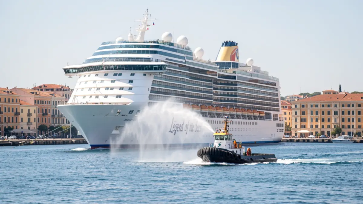 El crucero 'Legend of the Seas' hace escala en el Puerto de Tarragona con un saludo de agua.