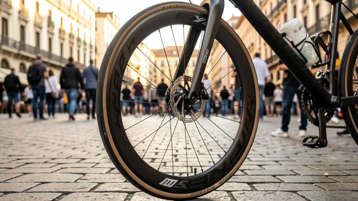 Detall d'una bicicleta de competició en un carrer de Barcelona durant el Tour de França.