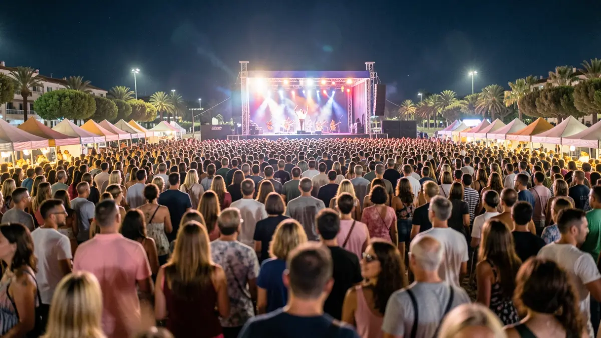 Crowd of people enjoying a night concert at a music festival in Salou.
