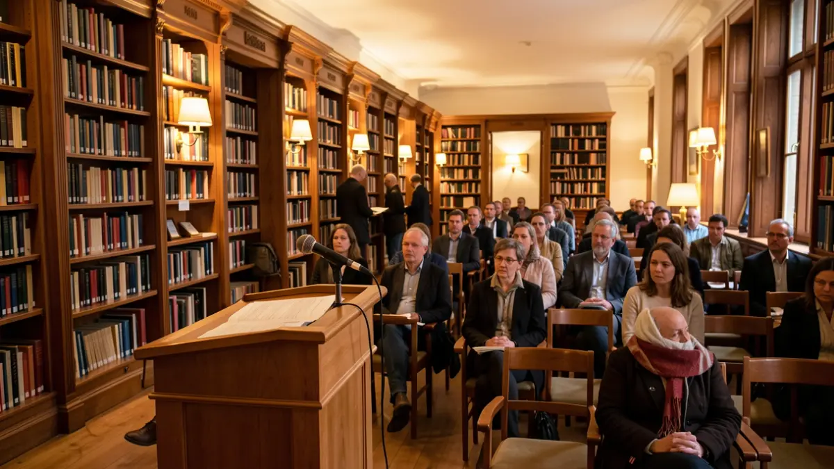 Ambiente de una sala de actos preparada para una presentación cultural.