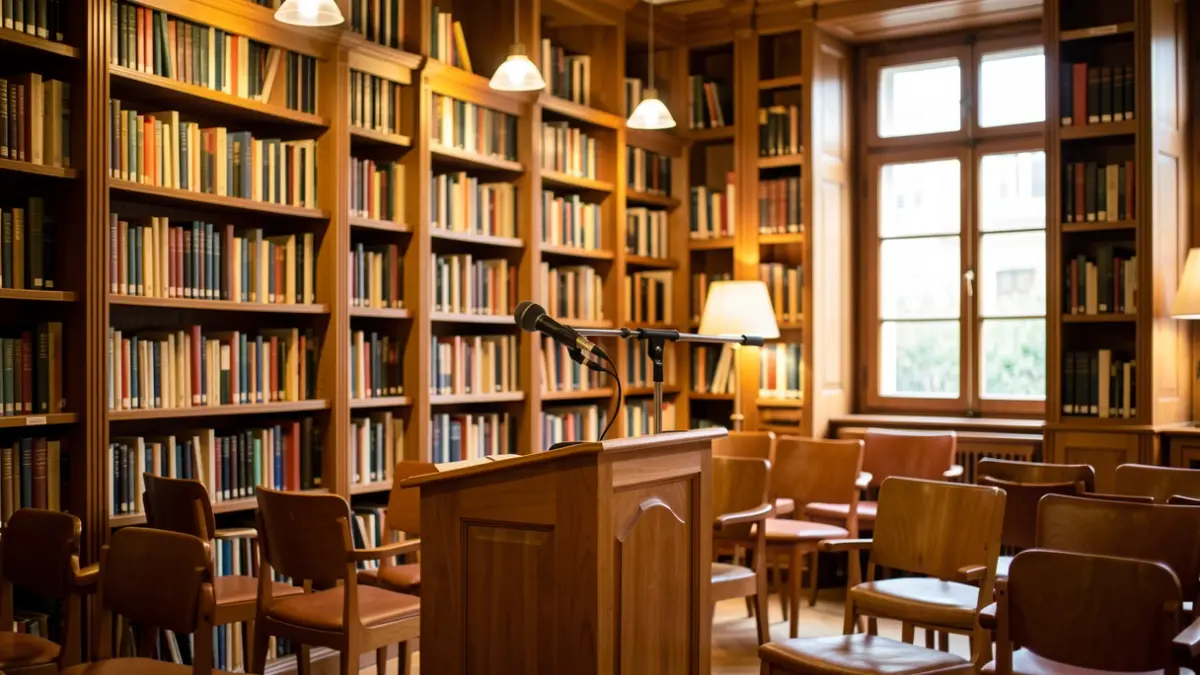Generic image of a cultural space with a microphone and warm lighting.