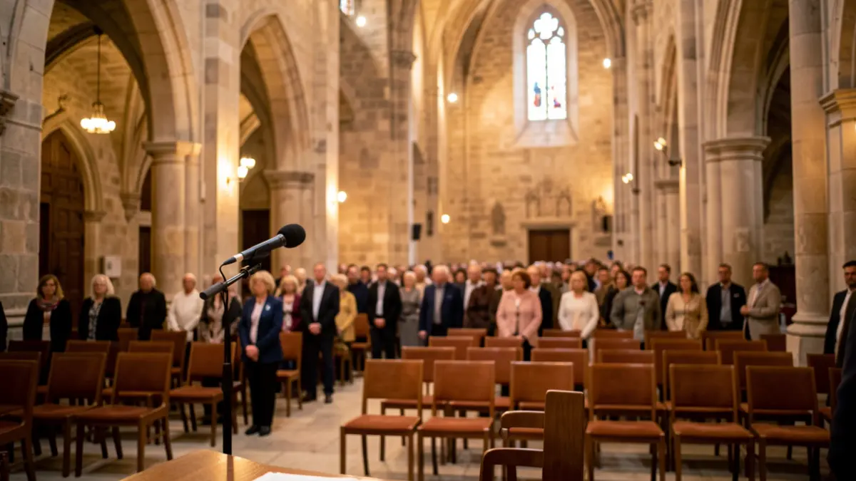 Interior d'una catedral històrica preparada per a un concert de música antiga.