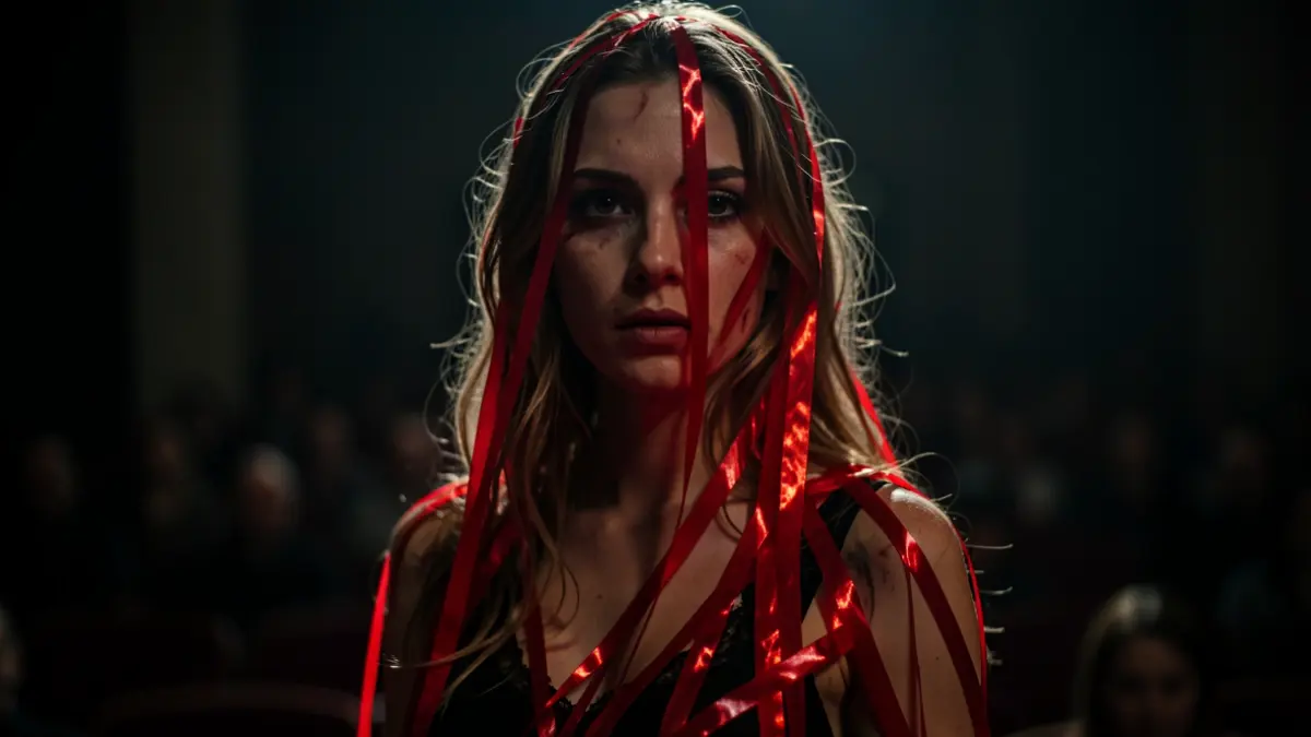 Generic image of a horror movie poster featuring red ribbons.
