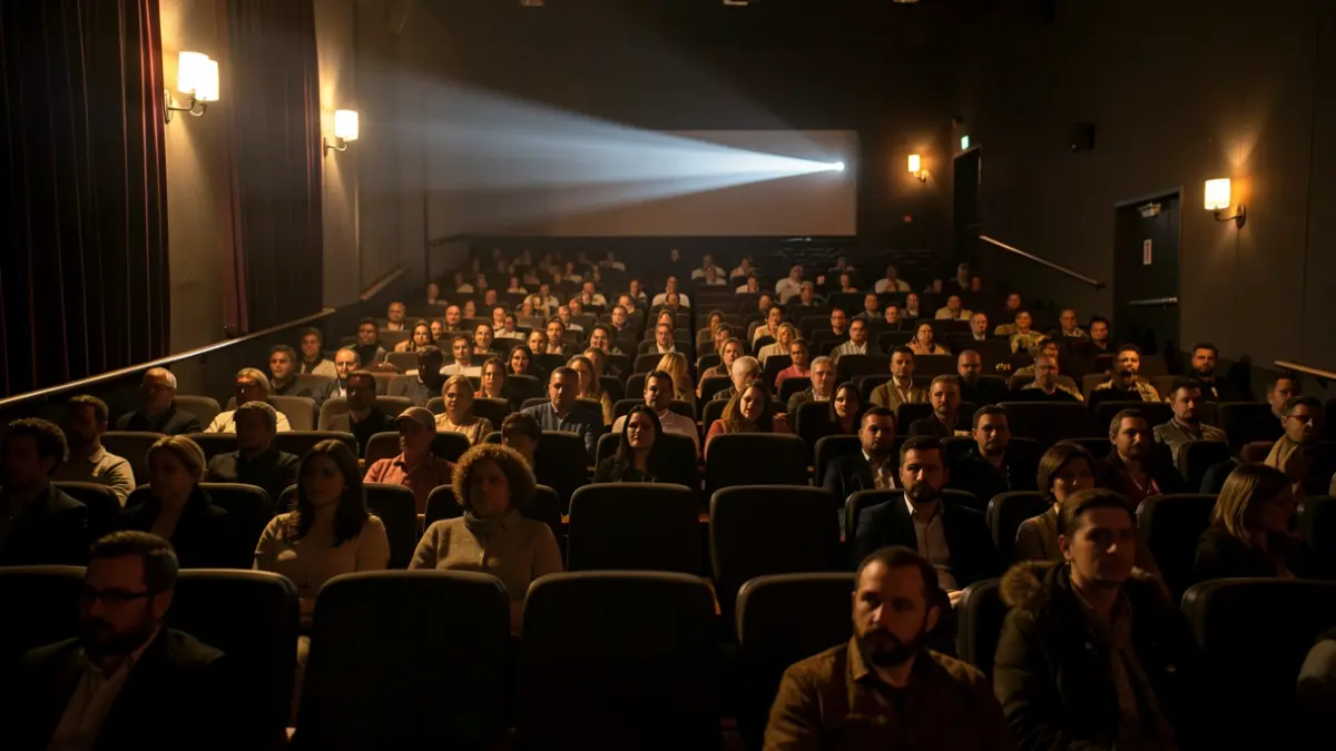 Imagen genérica de una sala de cine vacía con un haz de proyección.