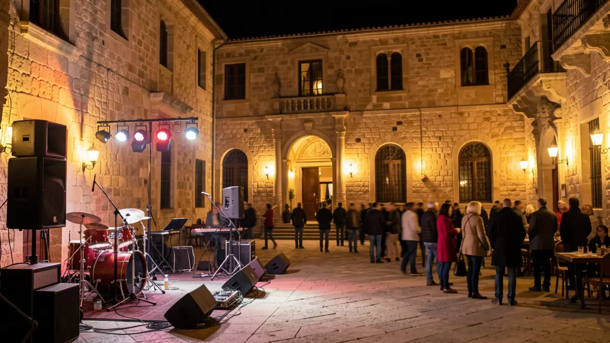 Escenario musical en el patio del Palau dels Comtes de Castelló d'Empúries durante un festival de verano.