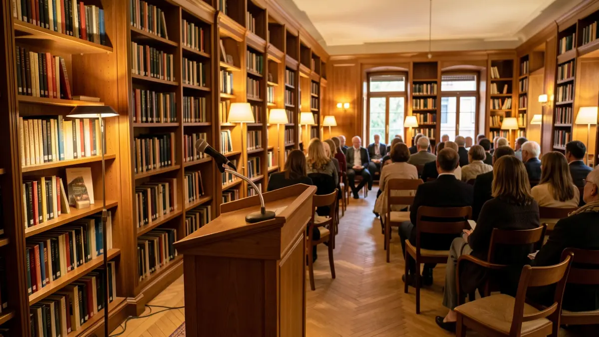 Imatge genèrica d'una sala de lectura amb micròfon i prestatgeries.