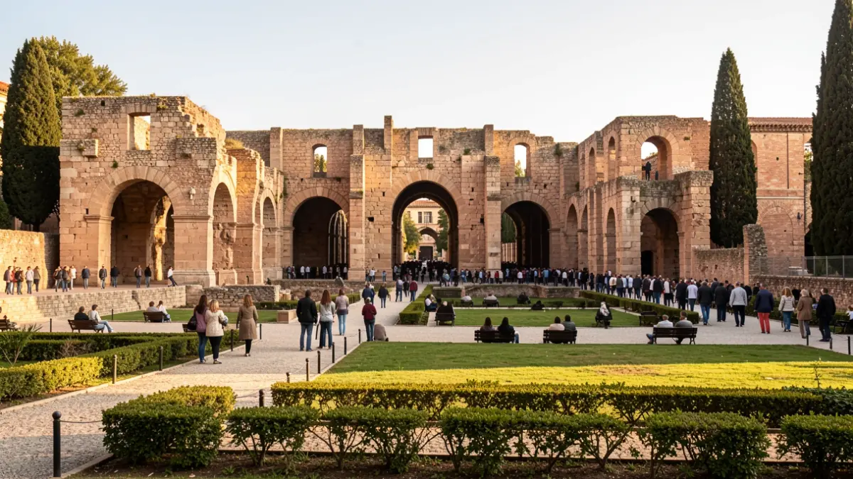 Exterior view of the Forum of the Colonia Romana in Tarragona with ancient architecture and park.
