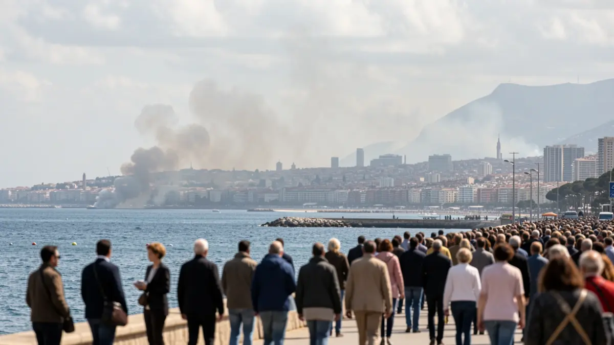 Columna de humo de un incendio llegando a la costa de Barcelona.