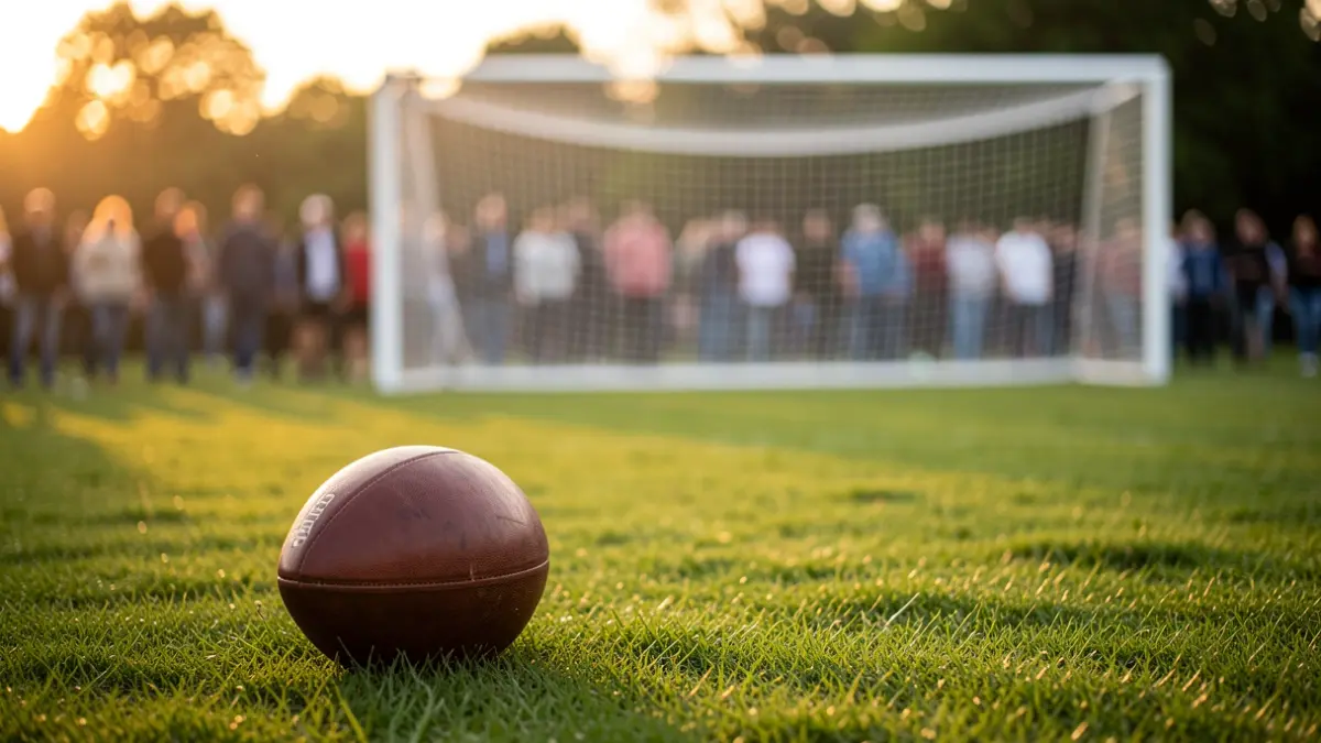 Pilota de futbol sobre gespa verda amb la porteria desenfocada al fons, llum daurada.