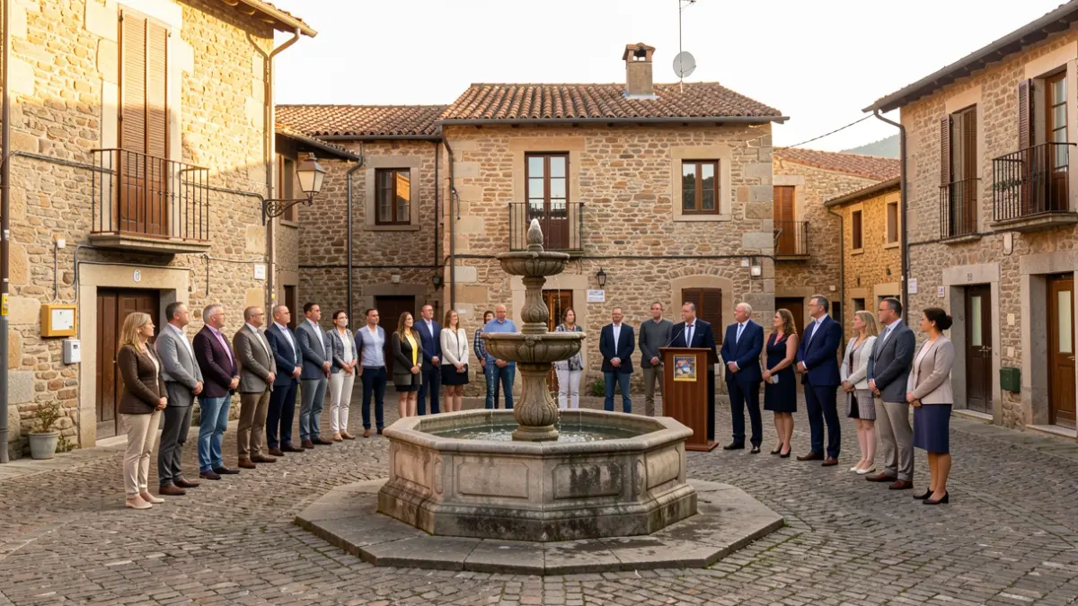 Imagen genérica de una plaza de pueblo catalán con gente reunida alrededor de un atril.