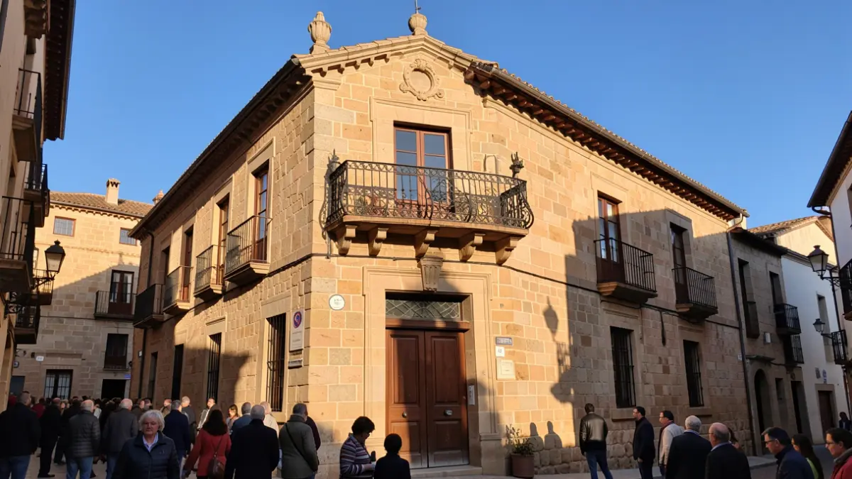 Stone facade of a town hall in the Ripollès region with a wrought iron balcony under sunlight.