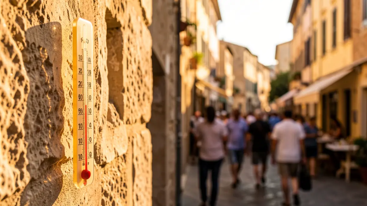Generic image of a thermometer in an urban setting during a hot day.