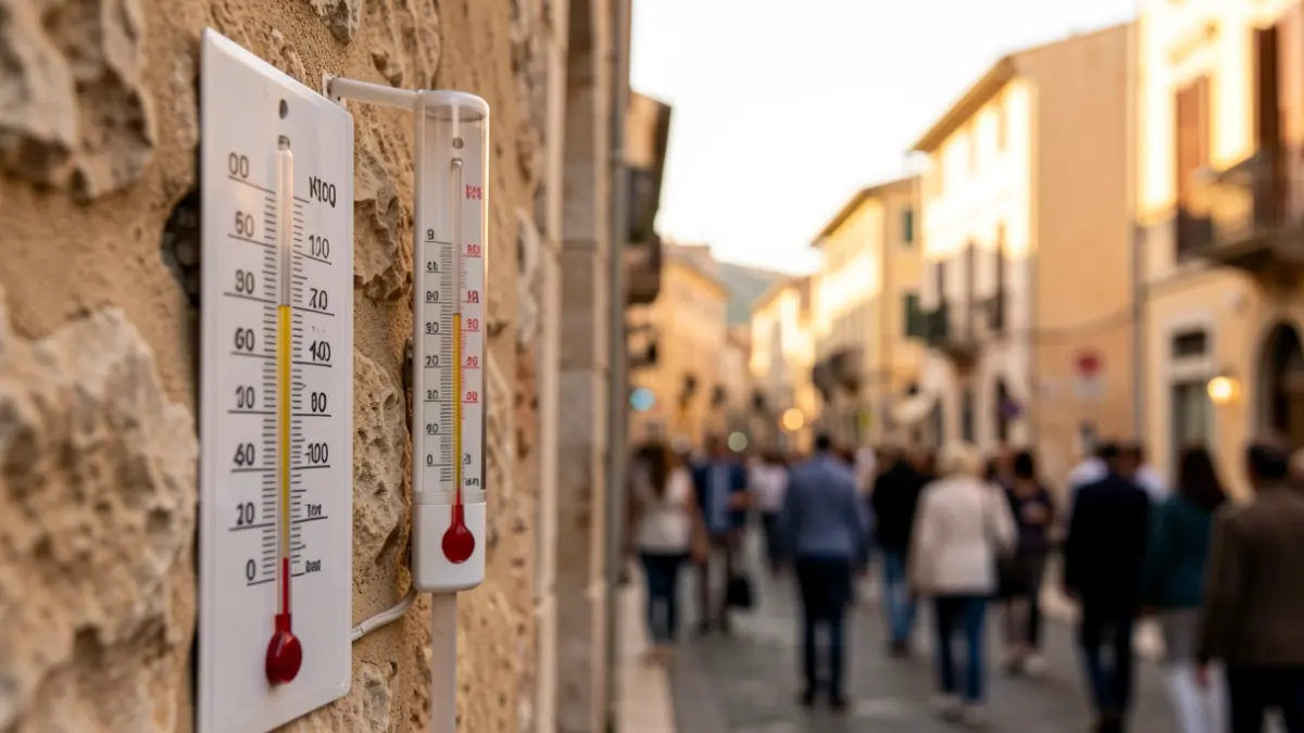 Imatge genèrica d'un termòmetre en un entorn urbà sota una llum càlida.