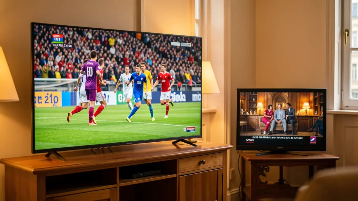 Pantalla de televisió mostrant un partit de futbol amb molta audiència.