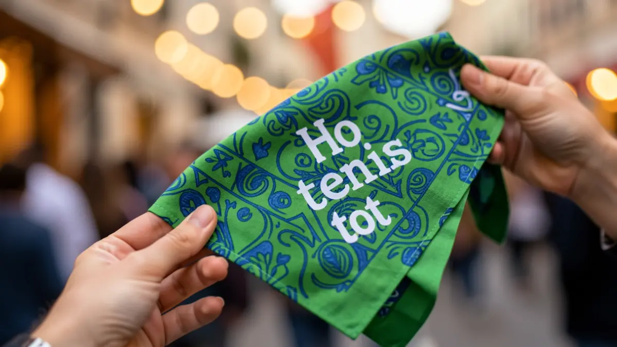 Handkerchief from the Festa Major of El Vendrell with the slogan 'Ho tenim tot'.
