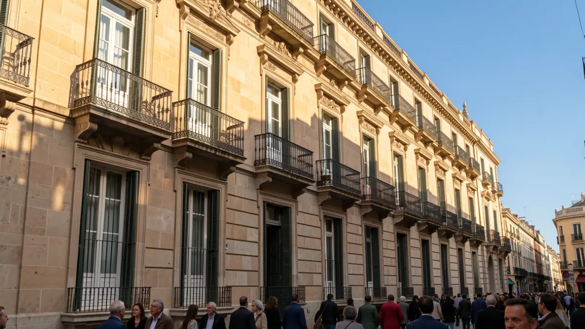 Façana d'un edifici històric a Barcelona amb balcons ornamentats.
