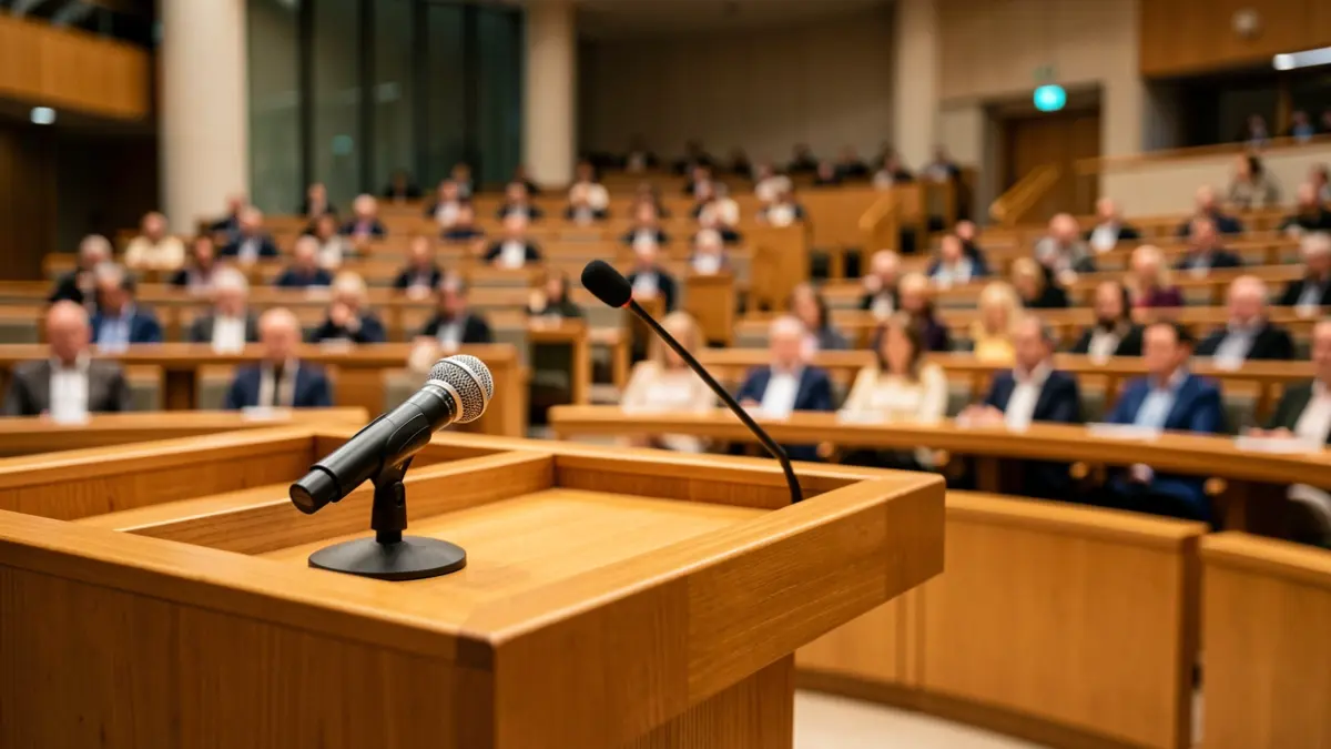 Generic image of a podium with a microphone in a conference room.