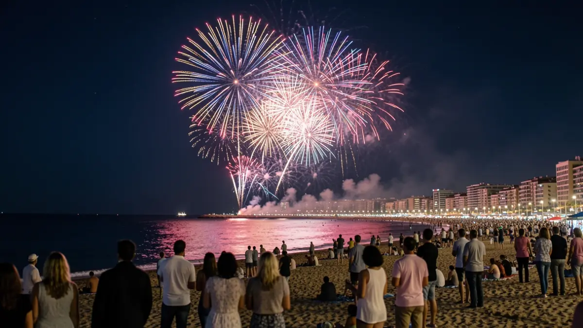 Imatge genèrica de focs artificials sobre la platja del Bogatell a Barcelona.