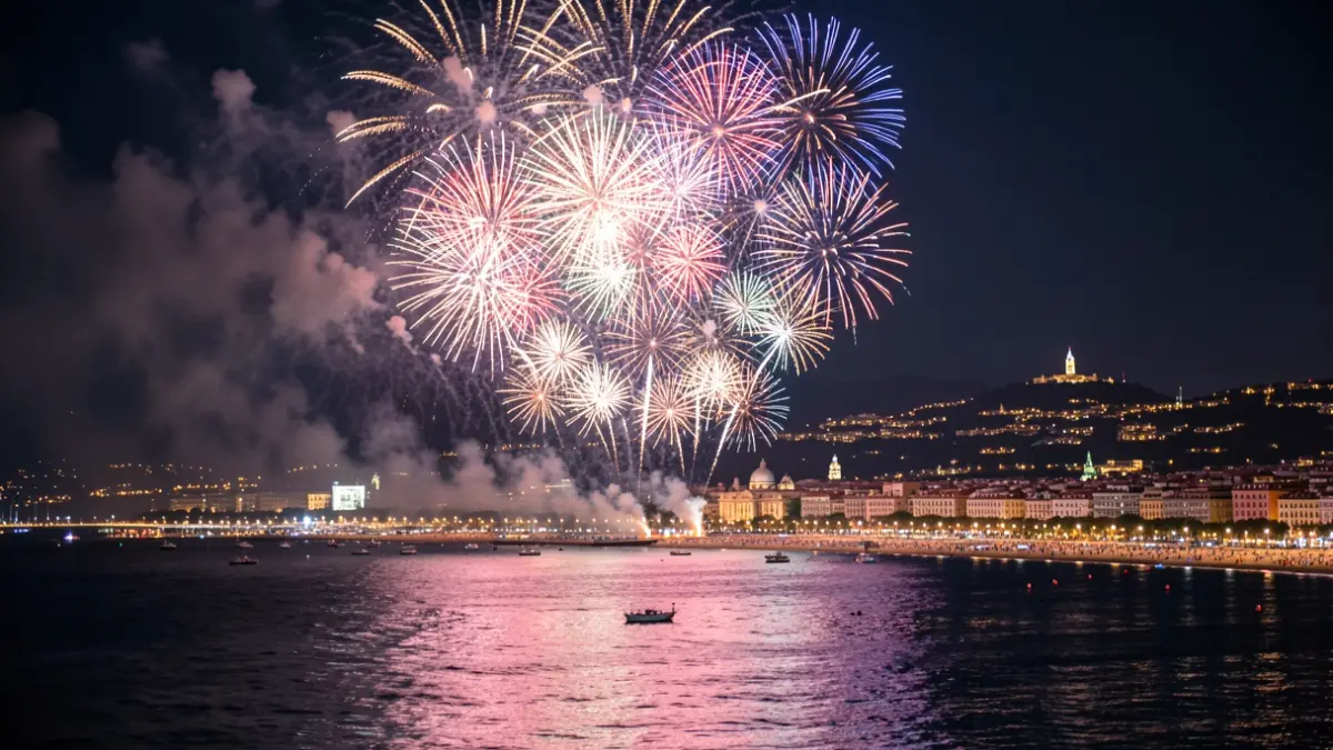 Generic image of fireworks over Bogatell beach in Barcelona.