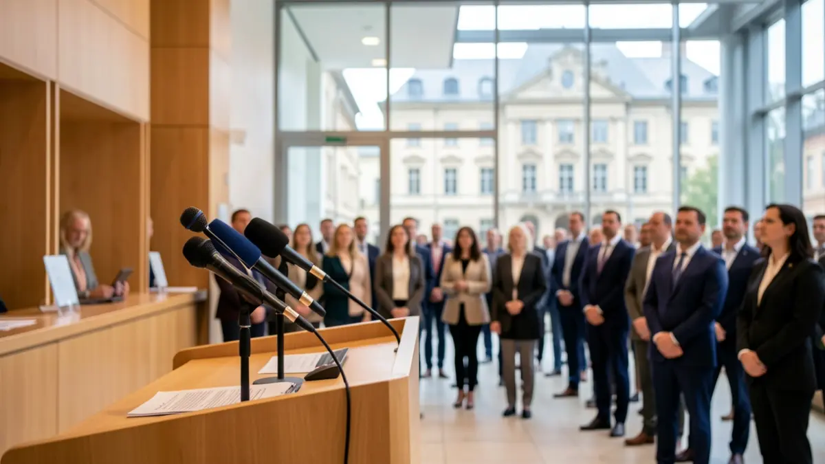 Imatge genèrica d'un faristol amb micròfons en un ajuntament.