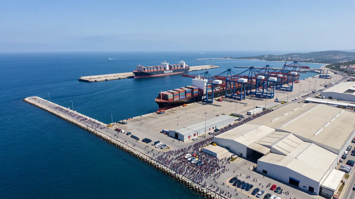 Aerial view of the Port of Tarragona with ships and containers.