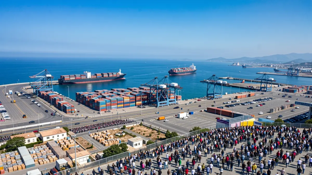 Aerial view of the Port of Tarragona with ships and terminals.