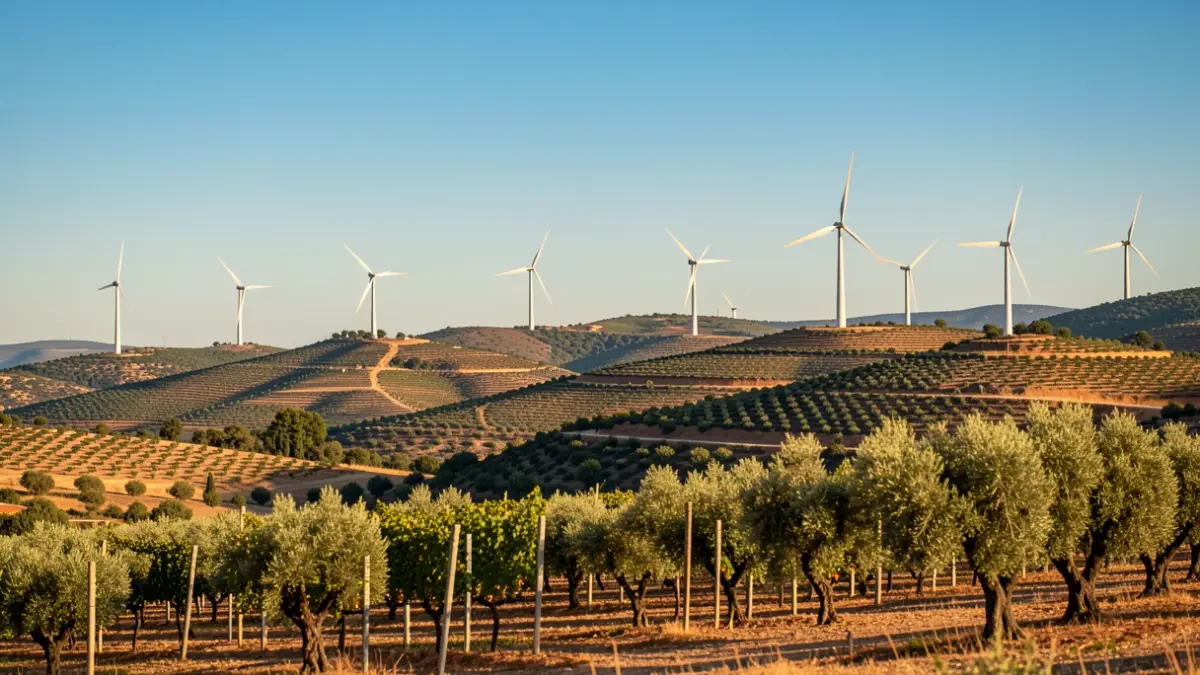 Aerogeneradors en turons del Priorat amb vinyes i oliveres.