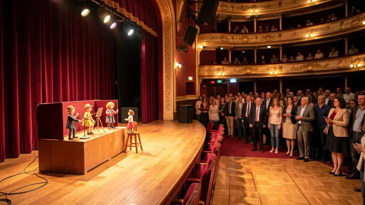 Interior of a neighborhood theatre stage in Barcelona with puppet and dance elements.