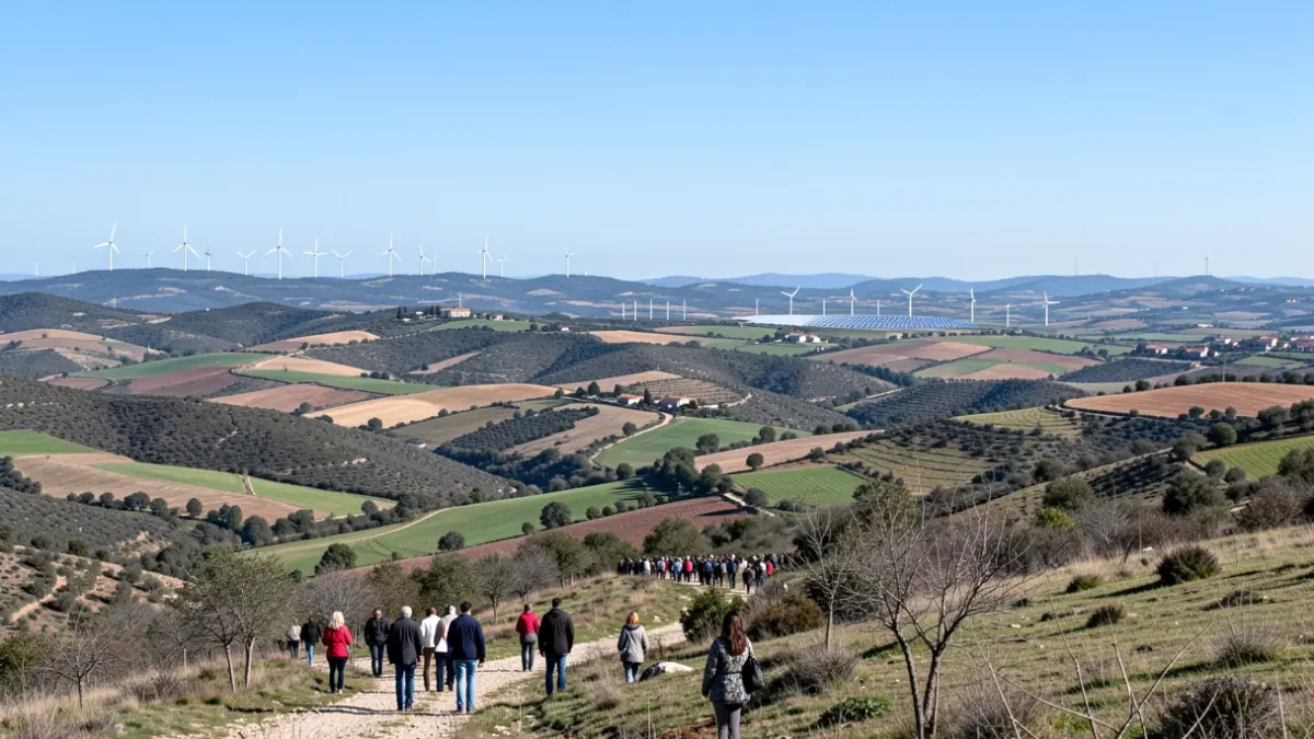 Paisatge rural del Solsonès amb molins de vent i plaques solars a la llunyania.