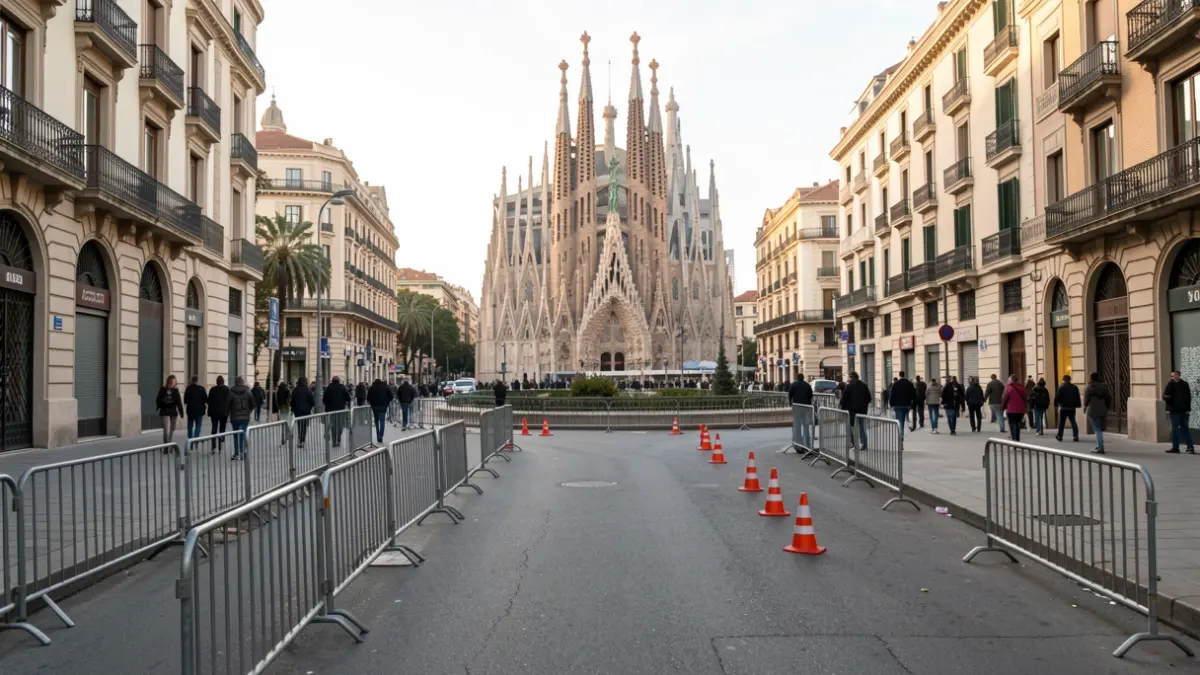 Imatge de carrers tallats amb tanques metàl·liques a Barcelona durant una prova ciclista.