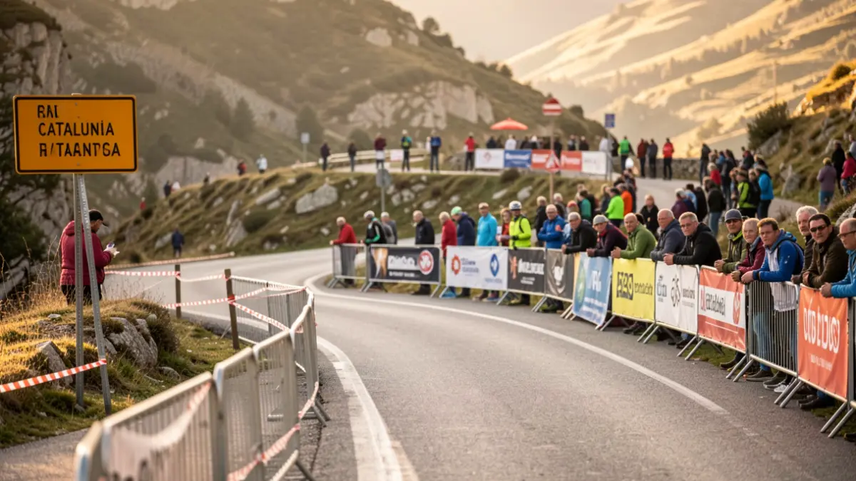 Imatge genèrica d'una carretera de muntanya a Catalunya amb senyalització de cursa ciclista.