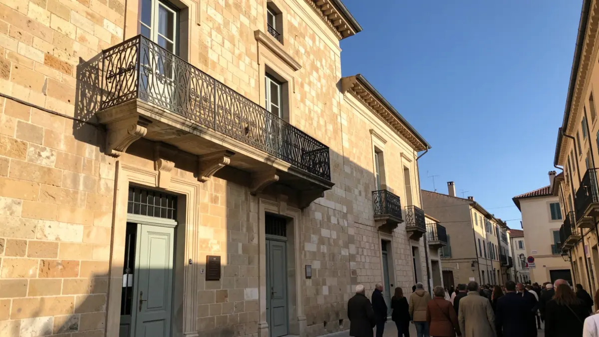 Stone facade of a town hall with an ornate iron balcony under sunlight.