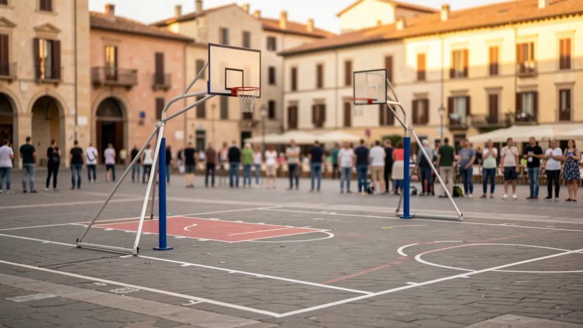 Pista de bàsquet 3x3 instal·lada a la plaça Germans Trillas de Coma-ruga, El Vendrell, amb arquitectura mediterrània al fons.