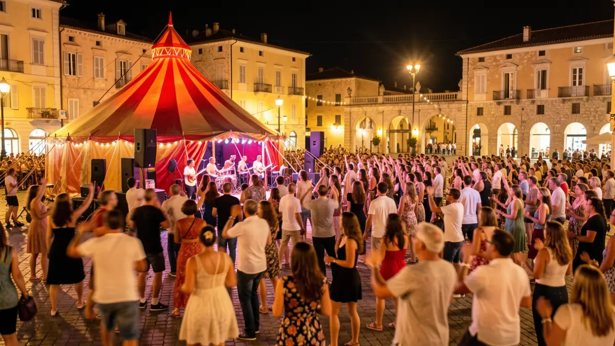 Imatge genèrica d'un festival de dansa contemporània a l'aire lliure amb una carpa de circ i una plaça il·luminada.
