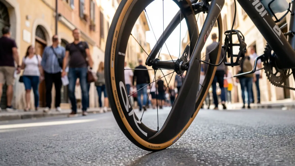 Generic image of a racing bicycle on the asphalt.
